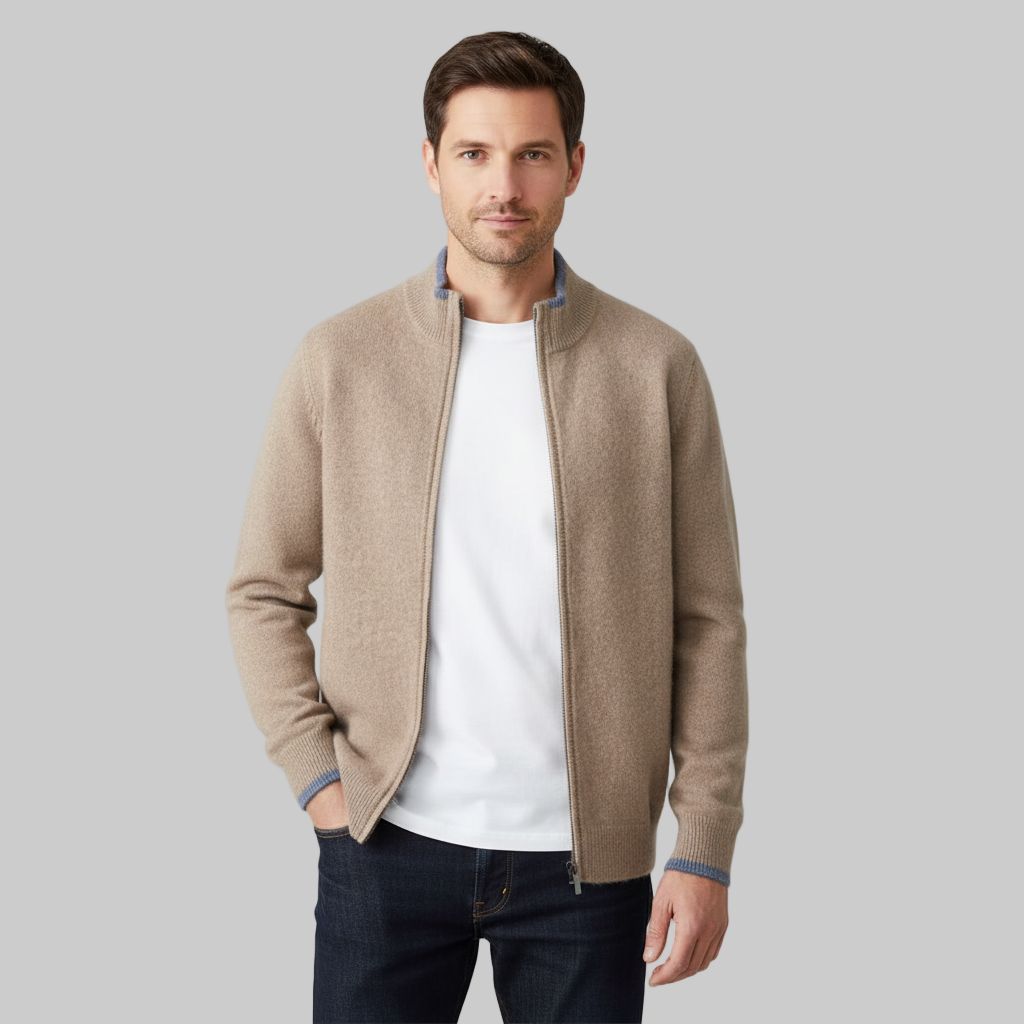 knit zip cardigan featuring stand collar and side pockets in regular fit