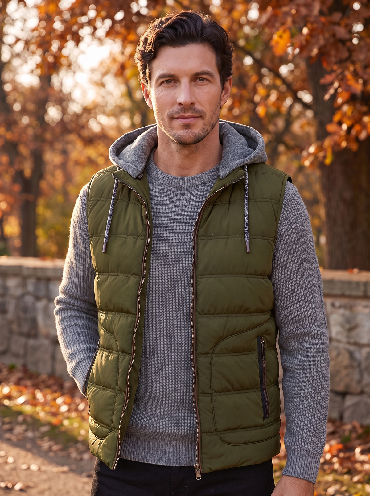 Men's hooded quilted vest for layering