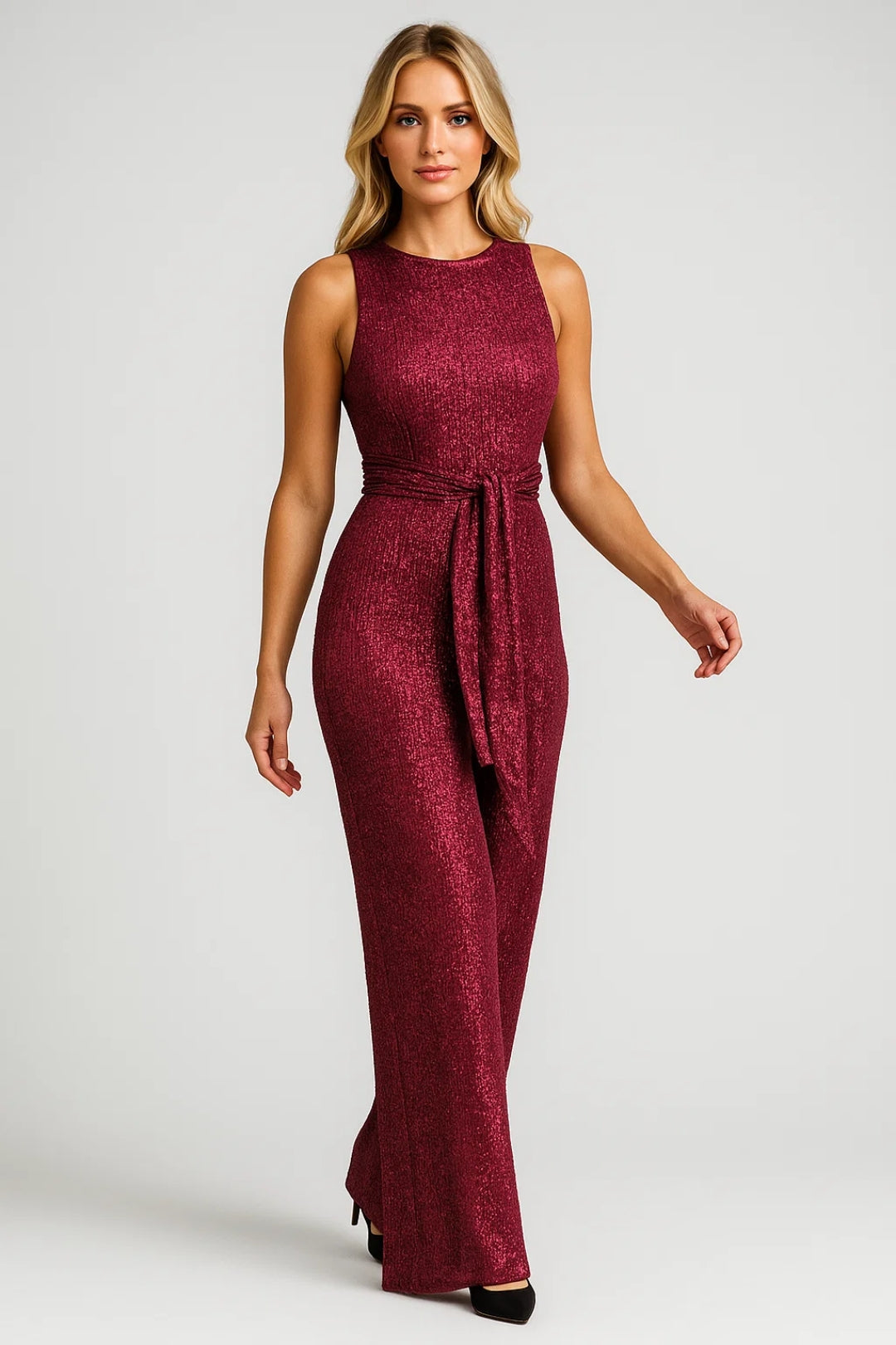 Women's bordeaux glitter wide leg jumpsuit with sash closure, sleeveless party style