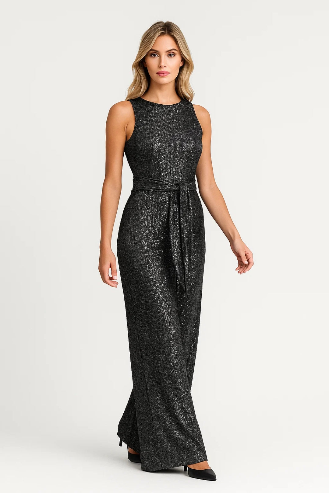Women's black glitter wide leg jumpsuit with belt, sleeveless full-length evening wear