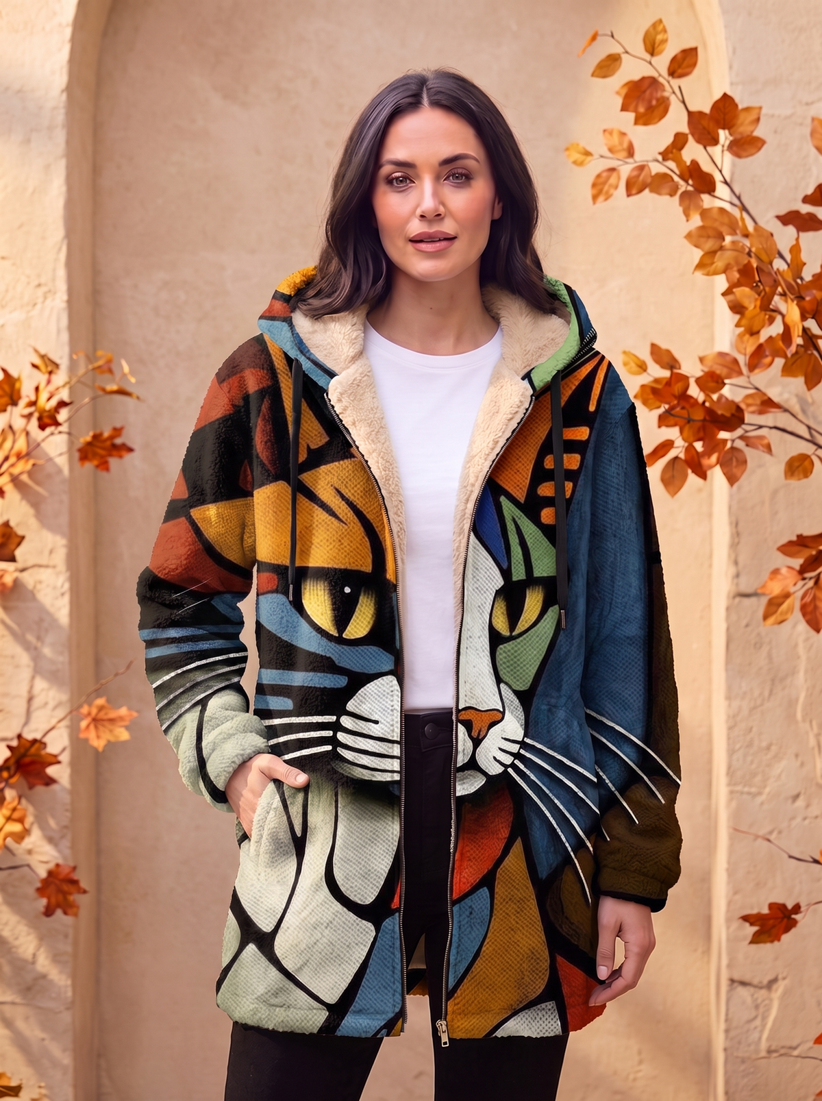 Printed Fleece Hoodie Coat Women