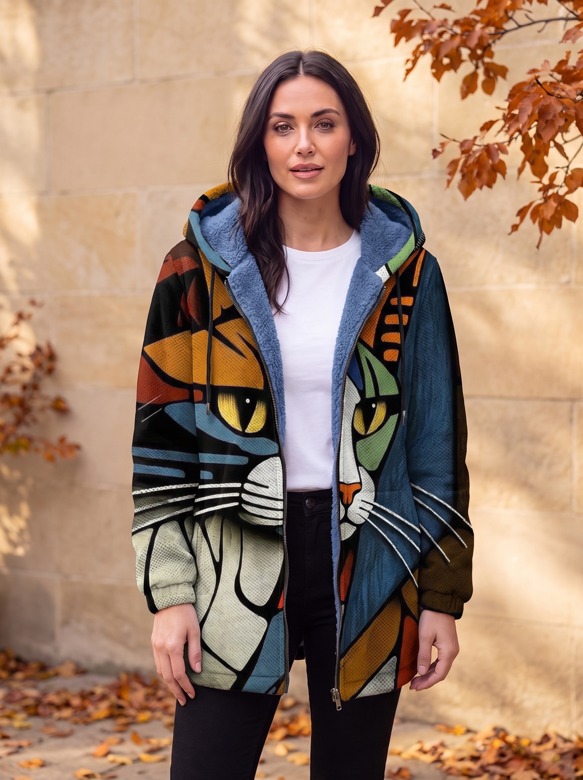 Printed Fleece Hoodie Coat Women