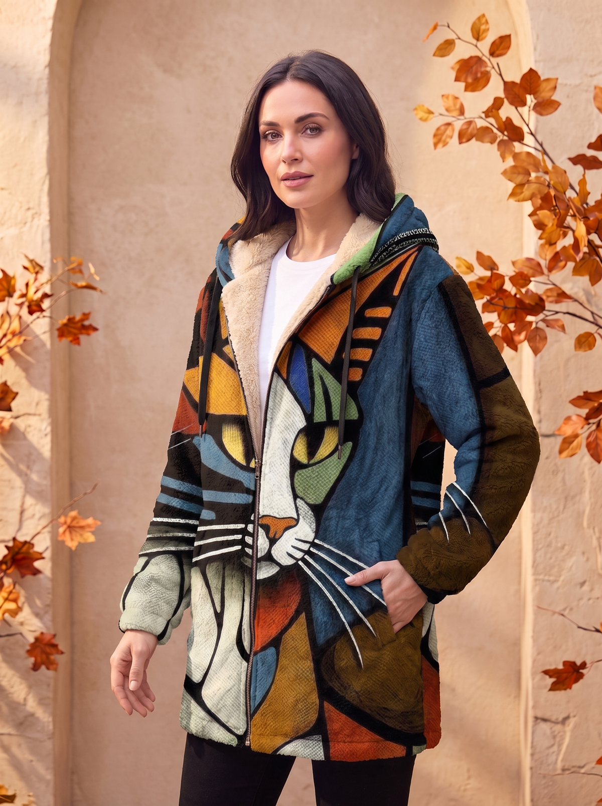 Printed Fleece Hoodie Coat Women
