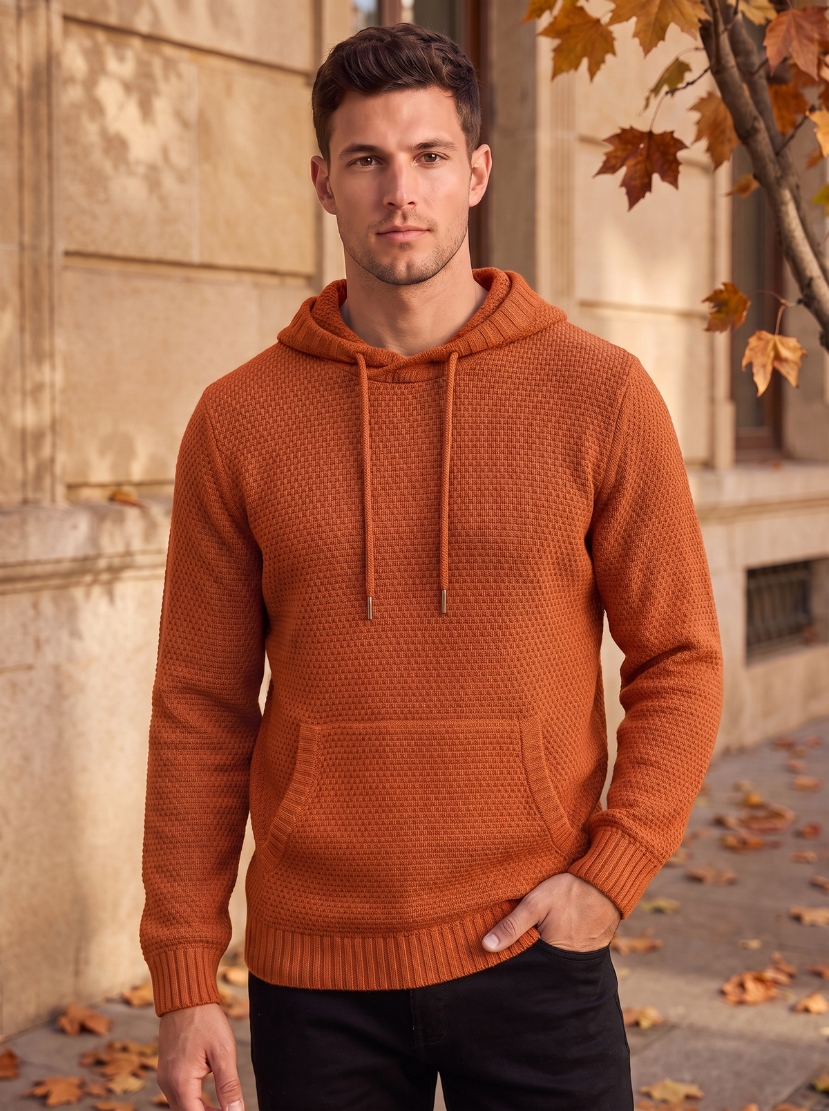 Men's ribbed knit hooded jumper