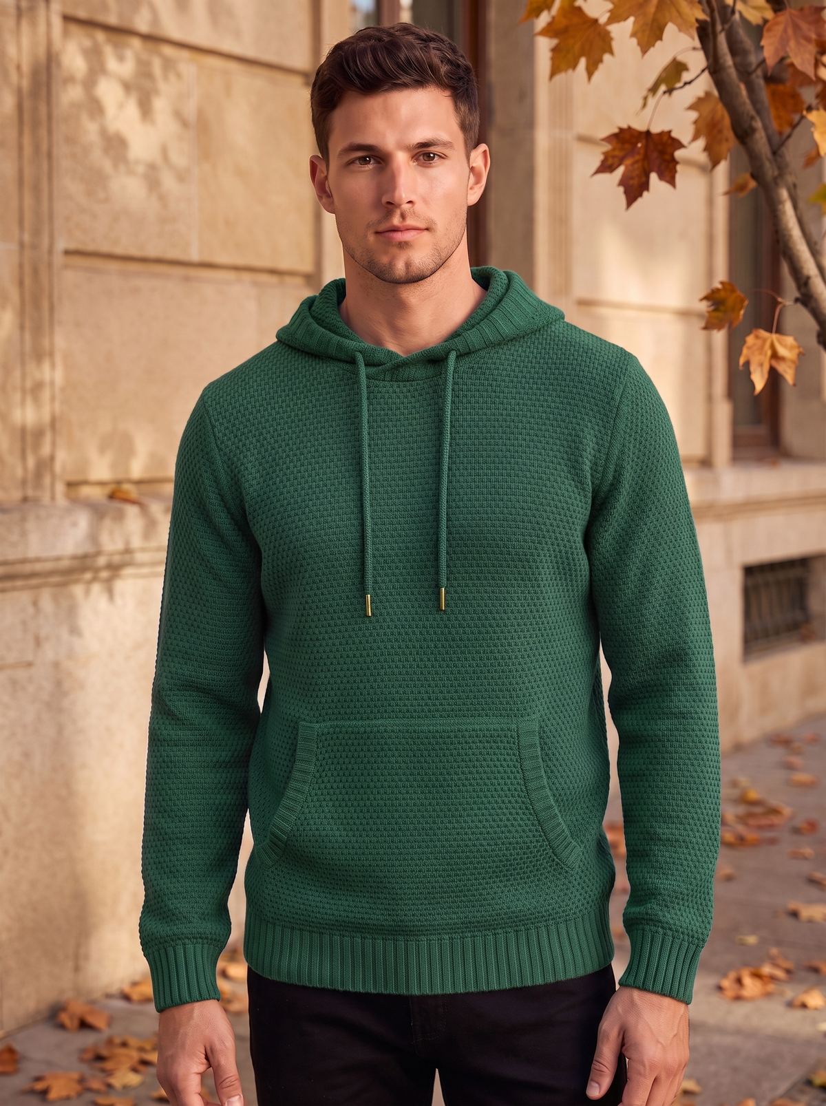 Men's drawstring hood knit jumper