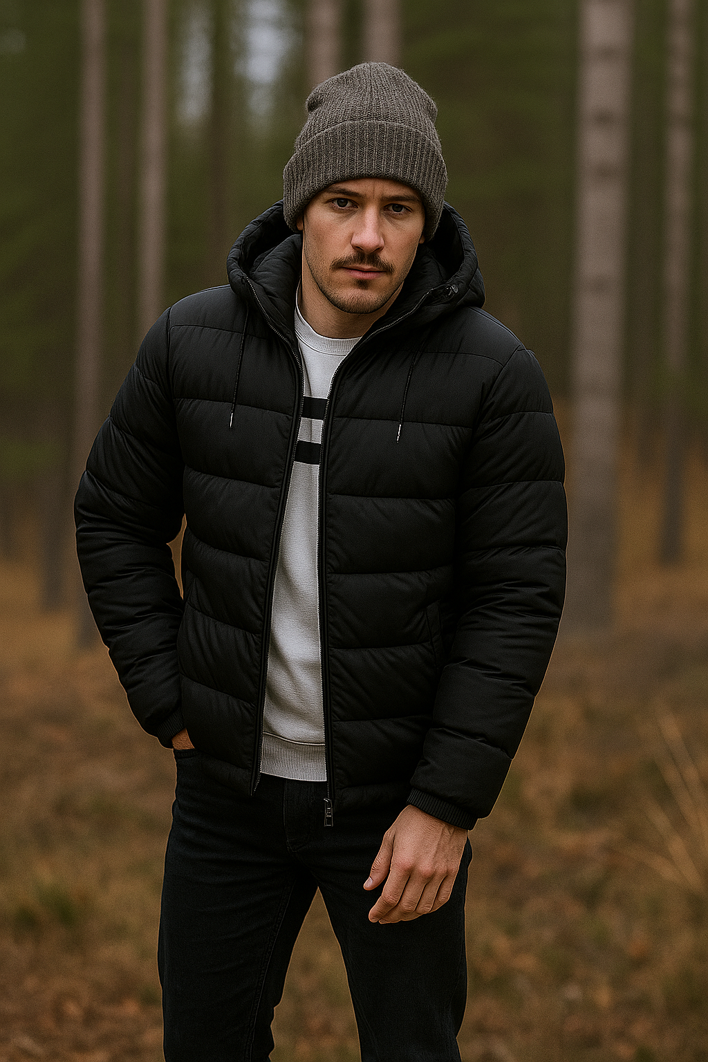 Insulated jacket with adjustable hood and zippered pockets in casual fit for men