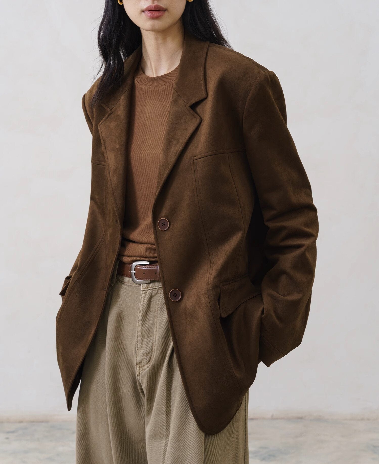 women's wool blazer front view with classic lapel design