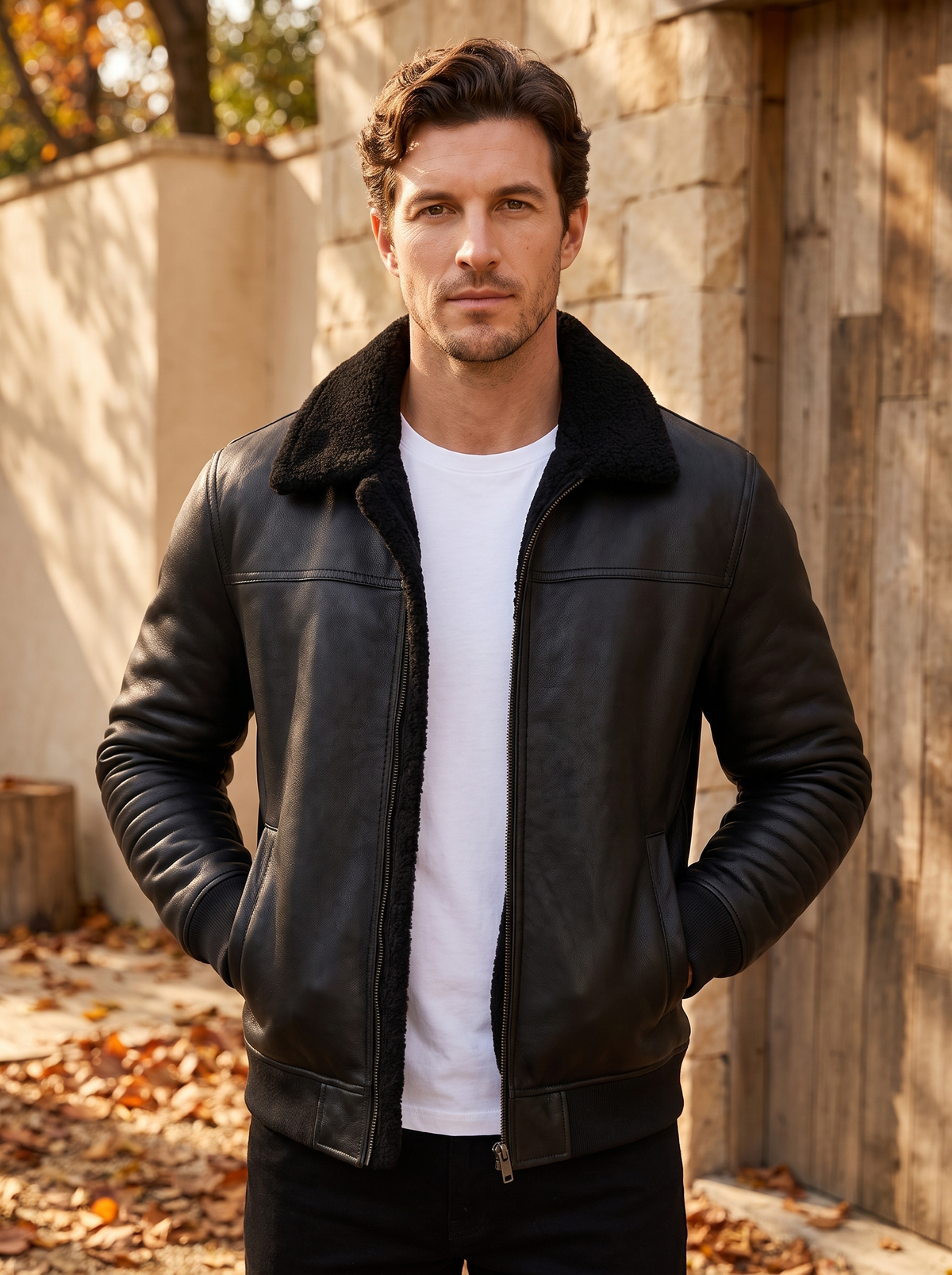 Men's leather jacket with shearling collar for fall