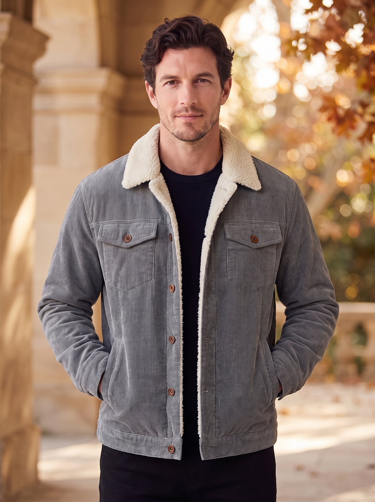 Men's denim jacket with fleece collar for fall