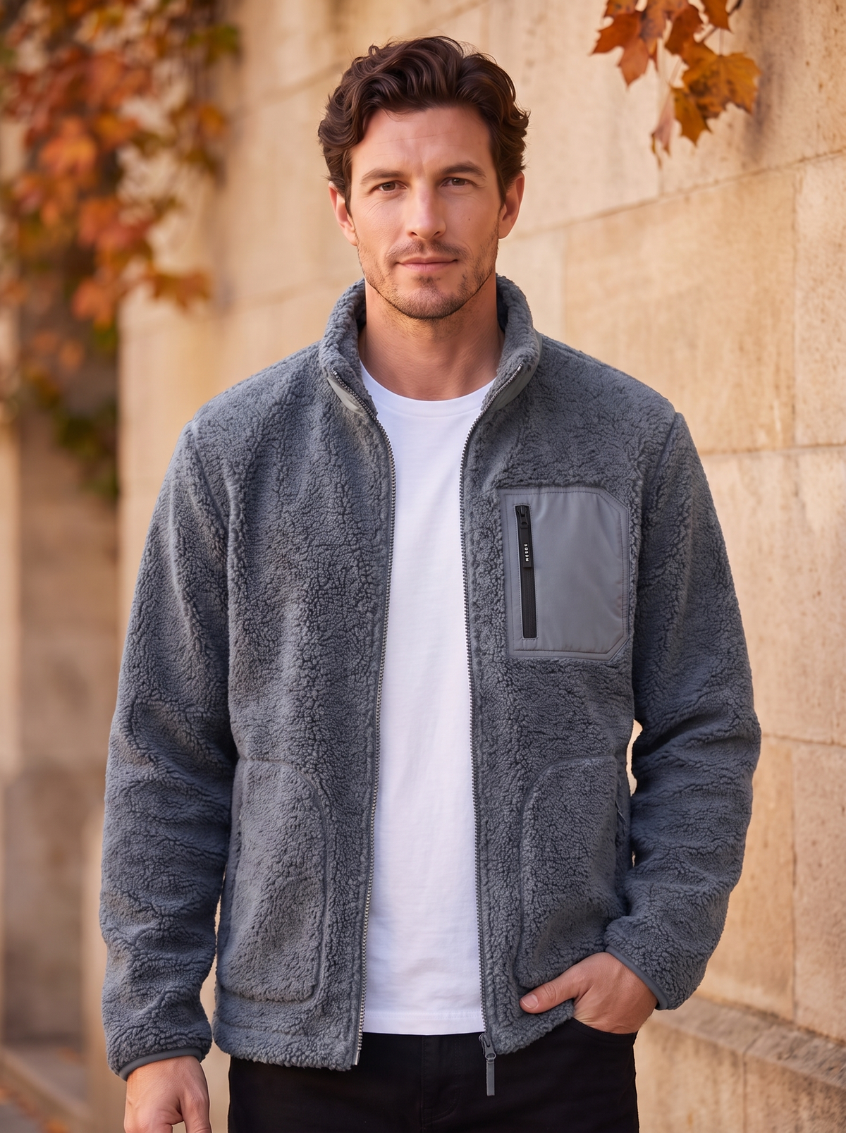 Men's fleece jacket with stand collar