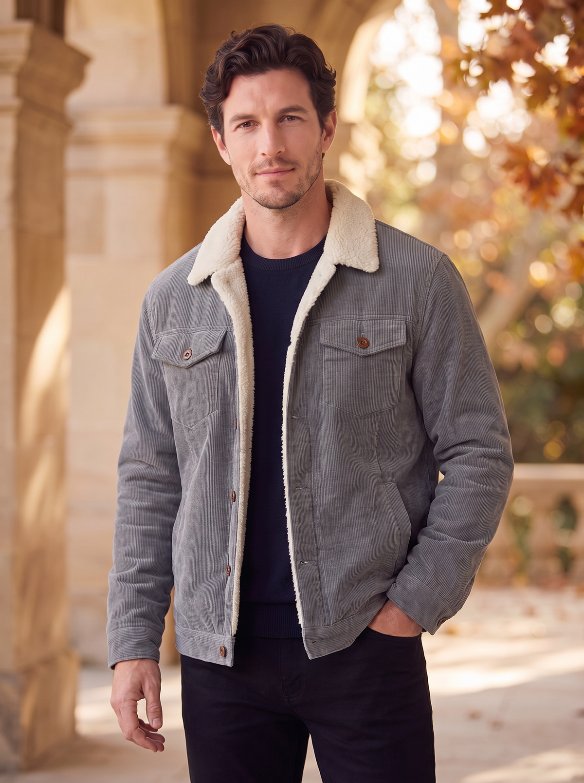 Men's denim trucker jacket with fleece collar