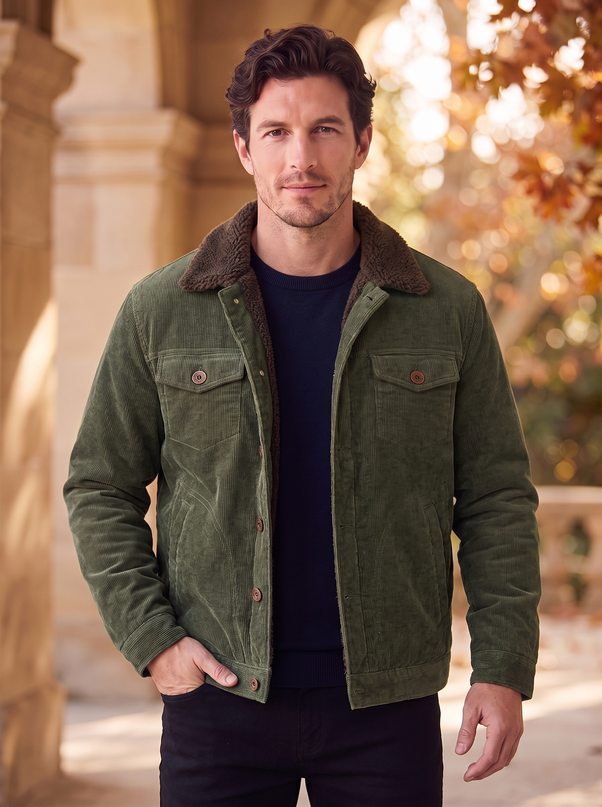 Men's lined denim jacket with front pockets