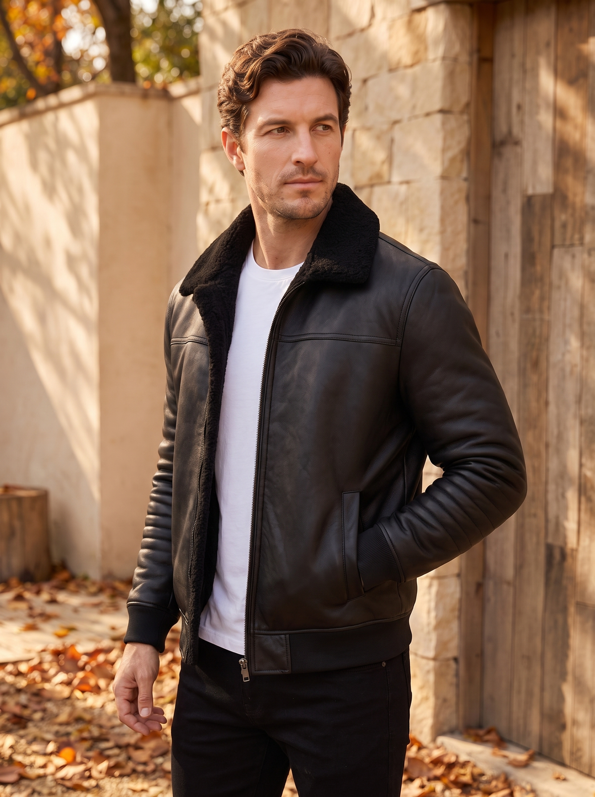 Men's leather jacket with fleece collar