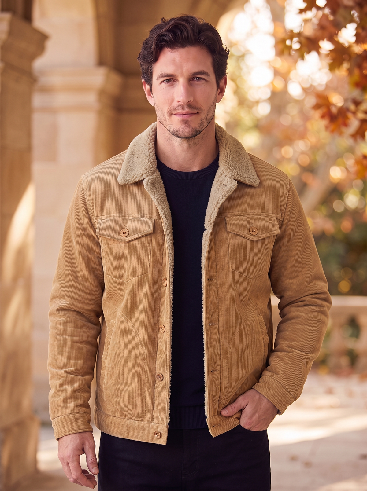 Men's long sleeve denim jacket with fleece lining
