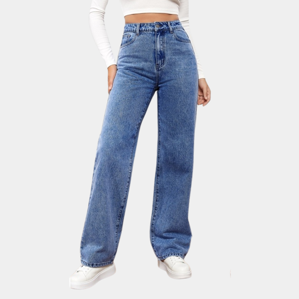 high waisted straight jeans three quarter angle showing fit and drape