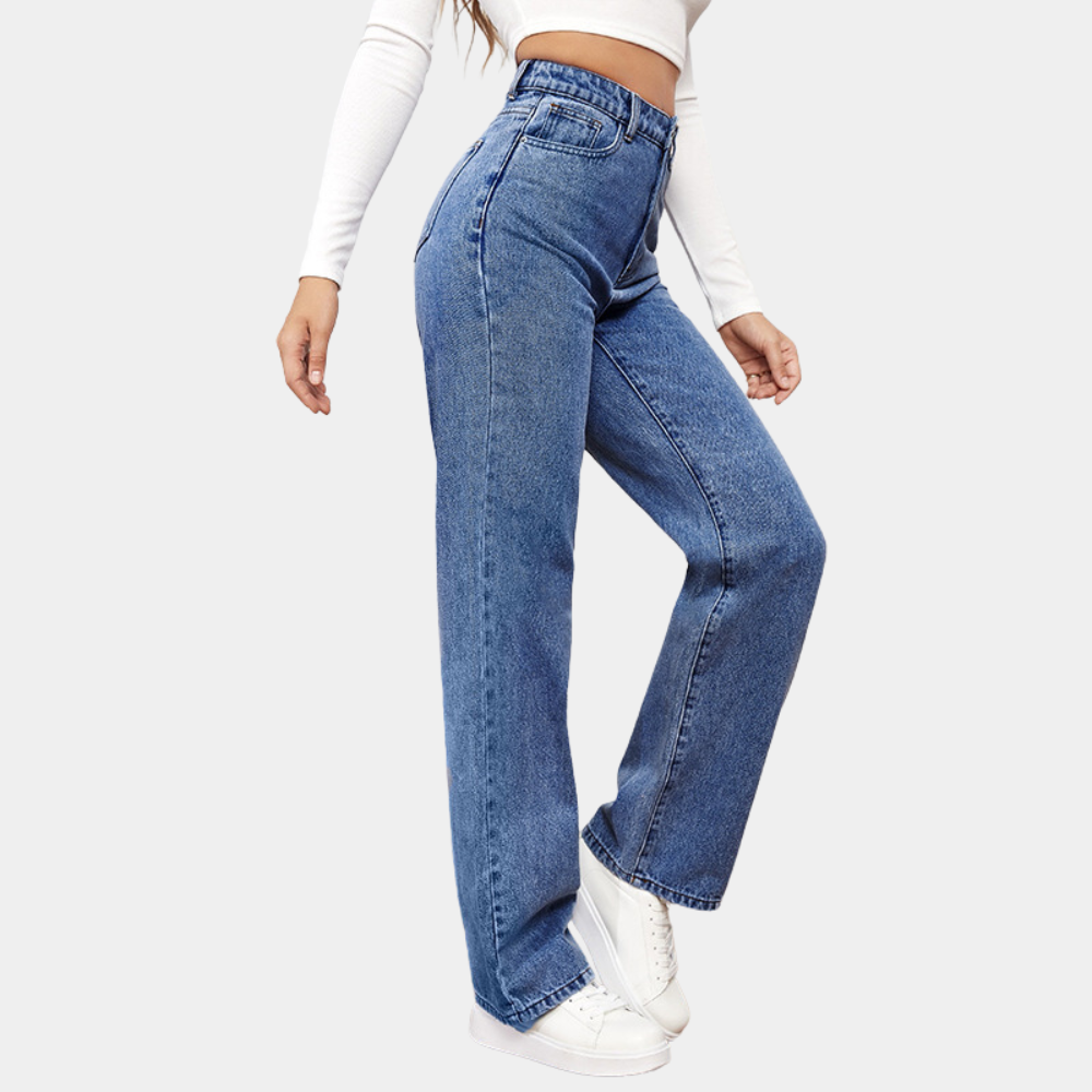 high waist denim jeans flat lay showing overall shape and proportions