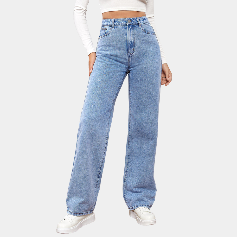 denim straight jeans showing belt loop spacing and waistband width