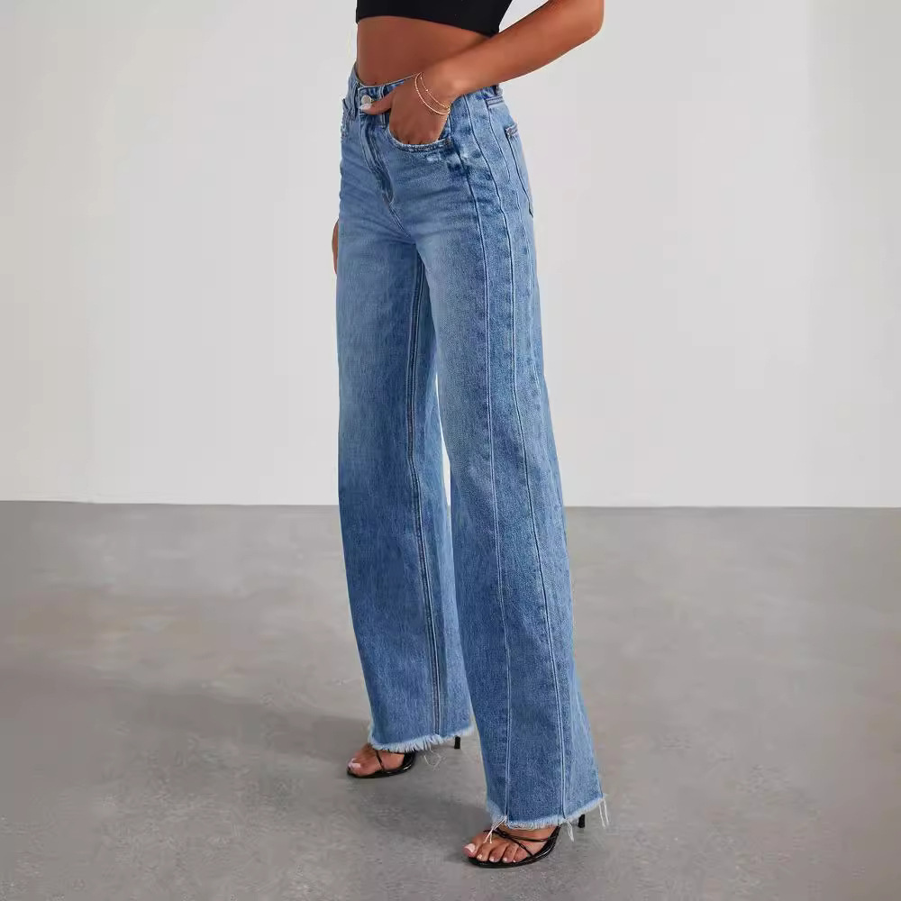 loose fit denim jeans with wide leg silhouette and high rise waistband