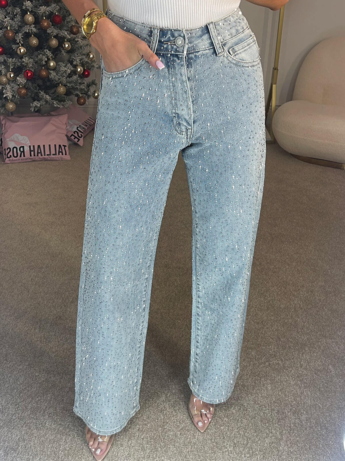 Jean Droit Pailleté Coupe Slim Femme