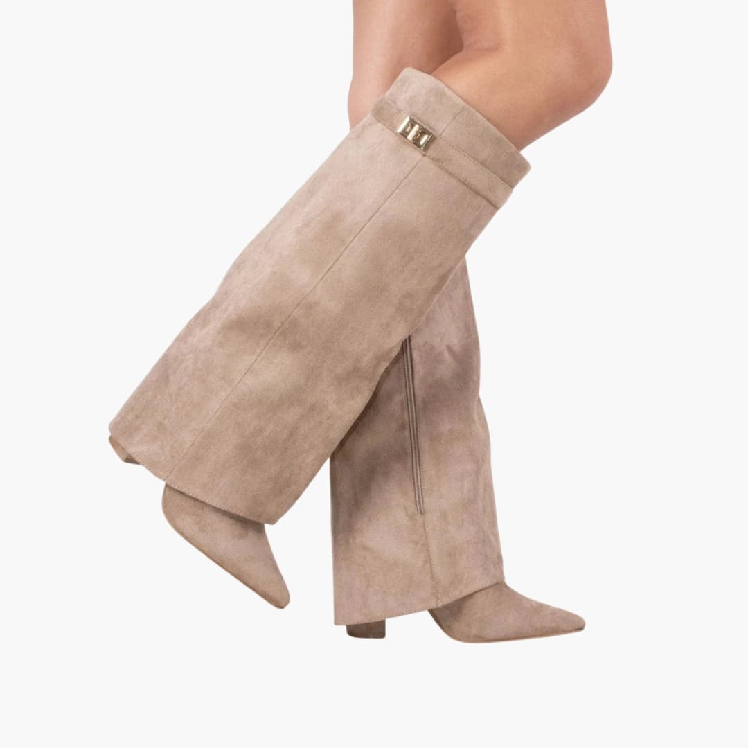 Block heel suede boots shown from back angle