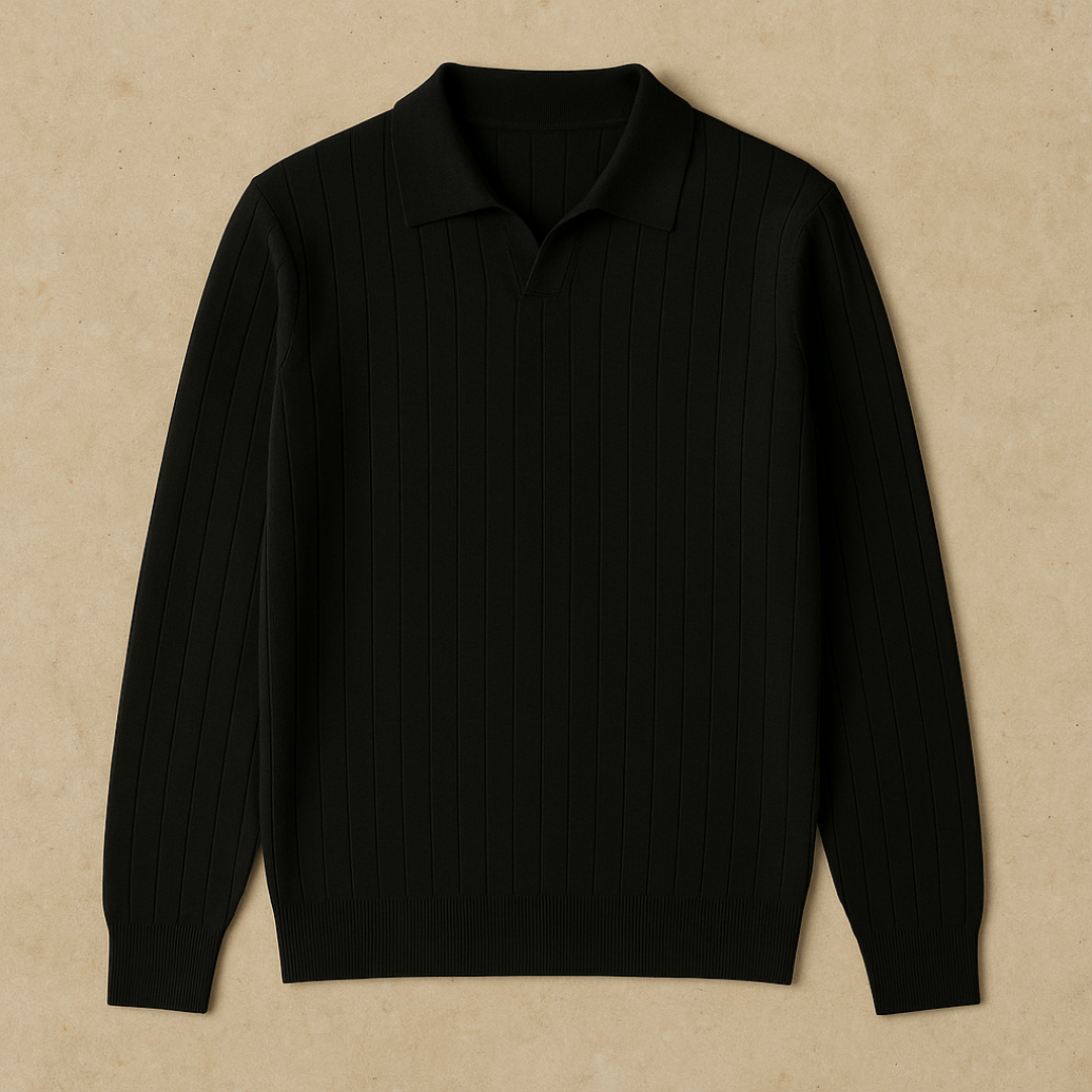 Long sleeve knit polo shirt with vertical ribbing for men