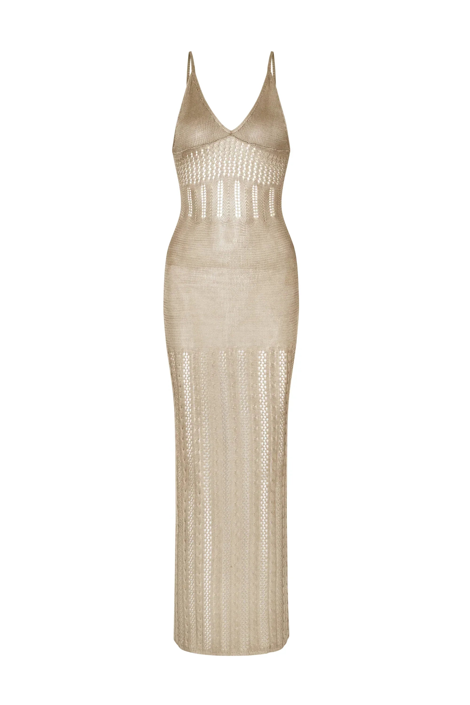 Women's open knit maxi dress styled for beach and resort wear – lifestyle view
