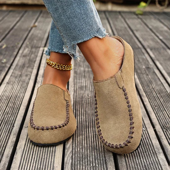 Women's beige open-back mules with cushioned insole and casual everyday styling