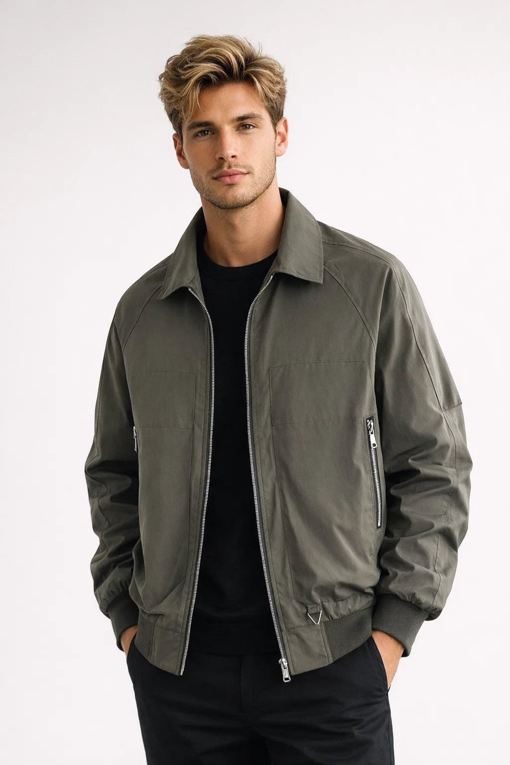 Full-length front view of a regular fit casual jacket with a straight silhouette and zip closure