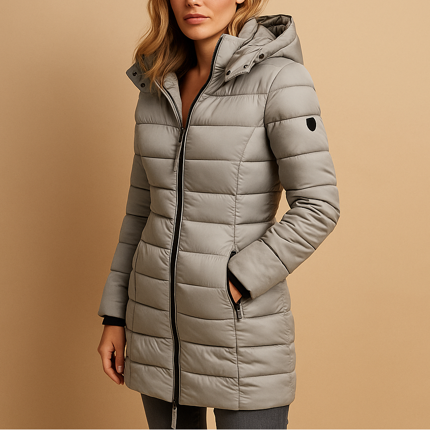 Synthetic puffer coat with padded quilting and hooded collar for women