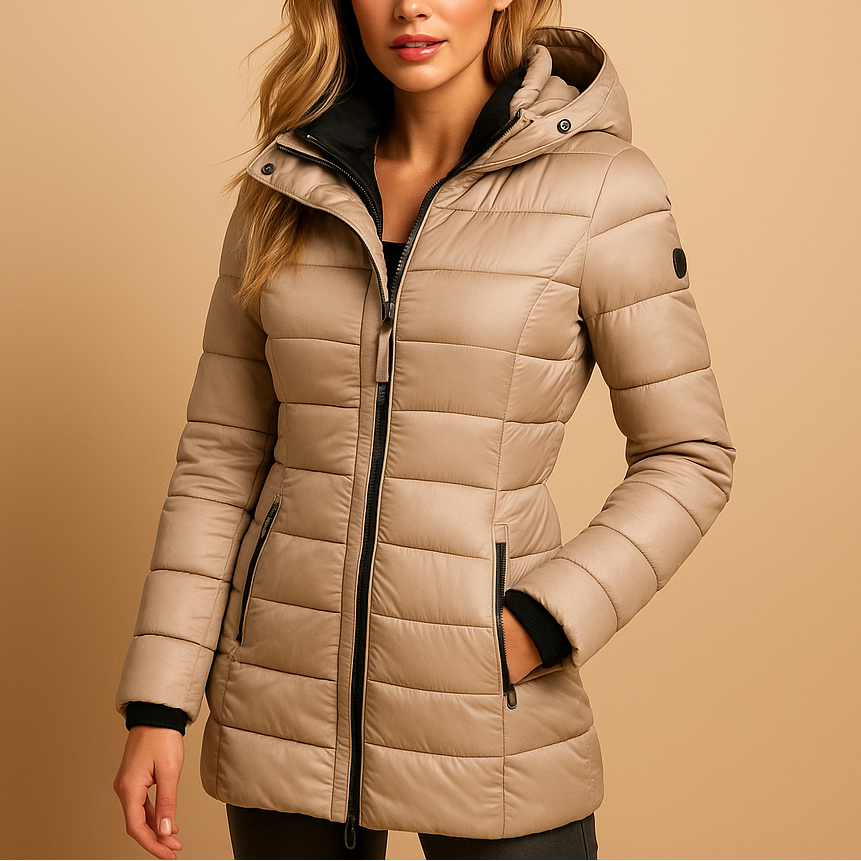 Synthetic mid-length coat with quilted structure and zip pockets for women