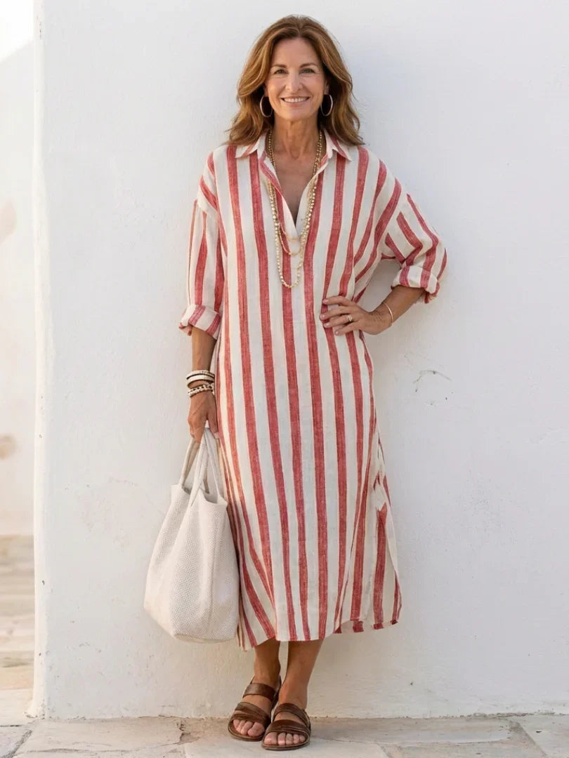 Striped linen dress with roll up sleeves