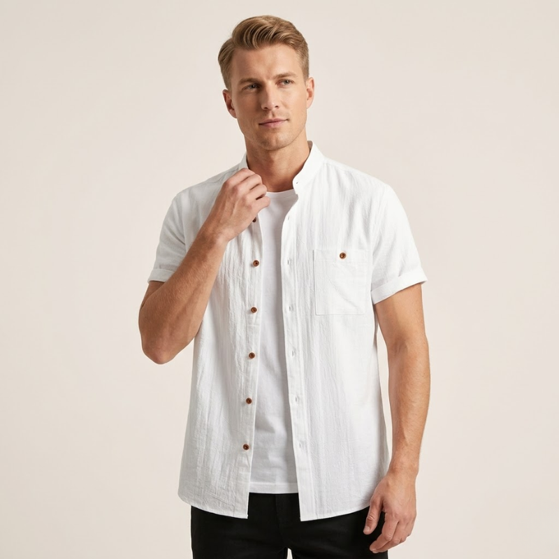 Men's cotton short sleeve mandarin collar shirt for casual wear