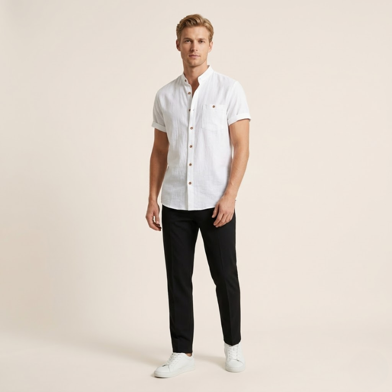 Men's button shirt featuring a mandarin collar design
