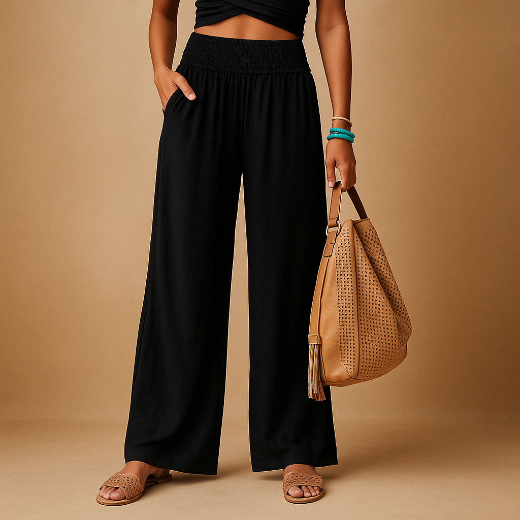 High waist palazzo style trousers with a flowing wide leg design