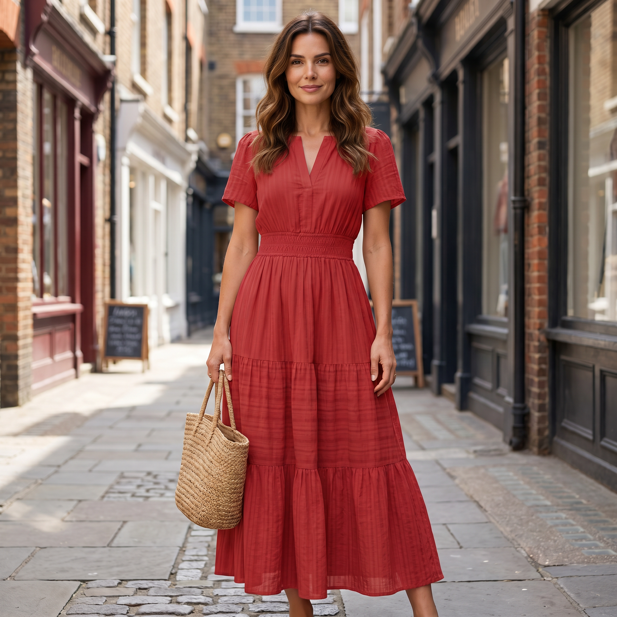 Women's red linen blend mini dress with V-neck and boho silhouette