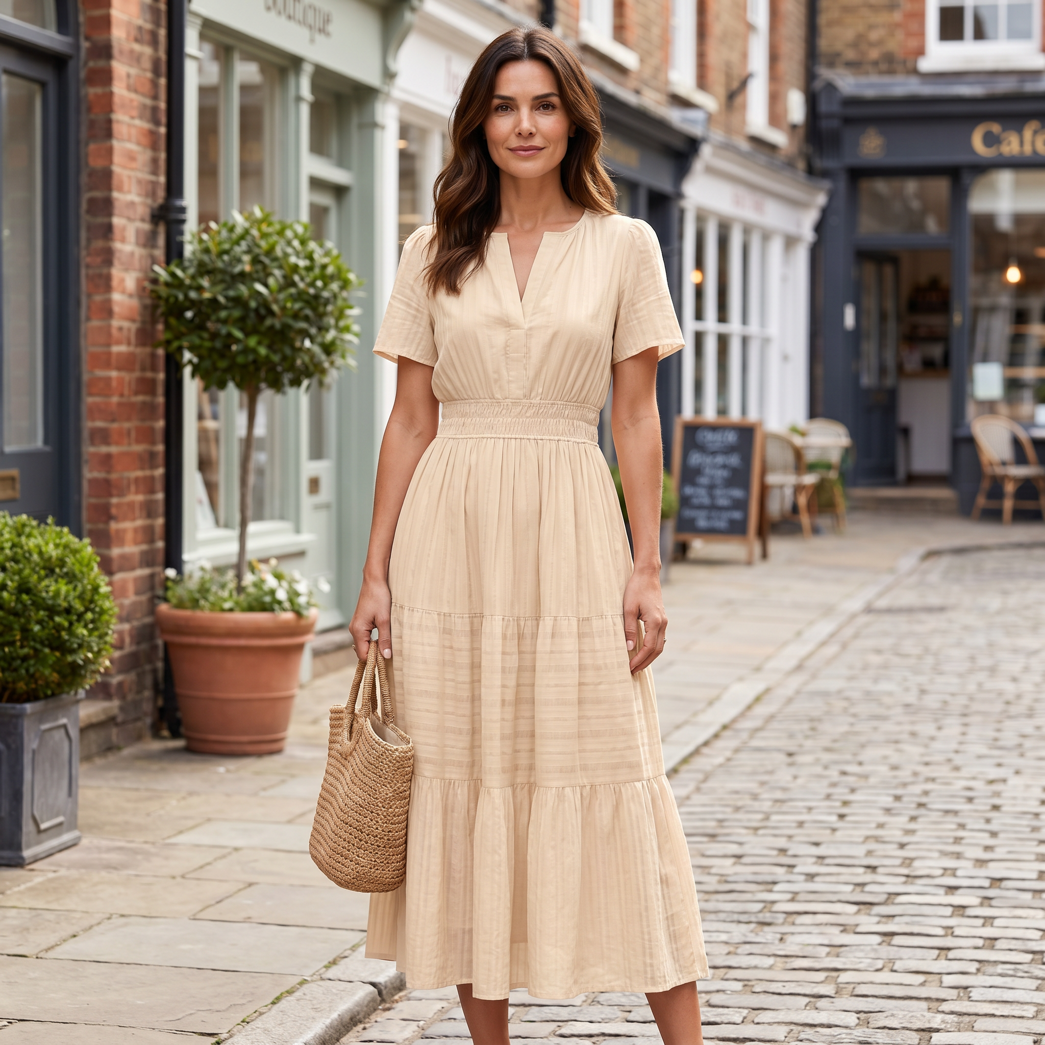 Women's beige linen blend mini dress with V-neck and boho silhouette