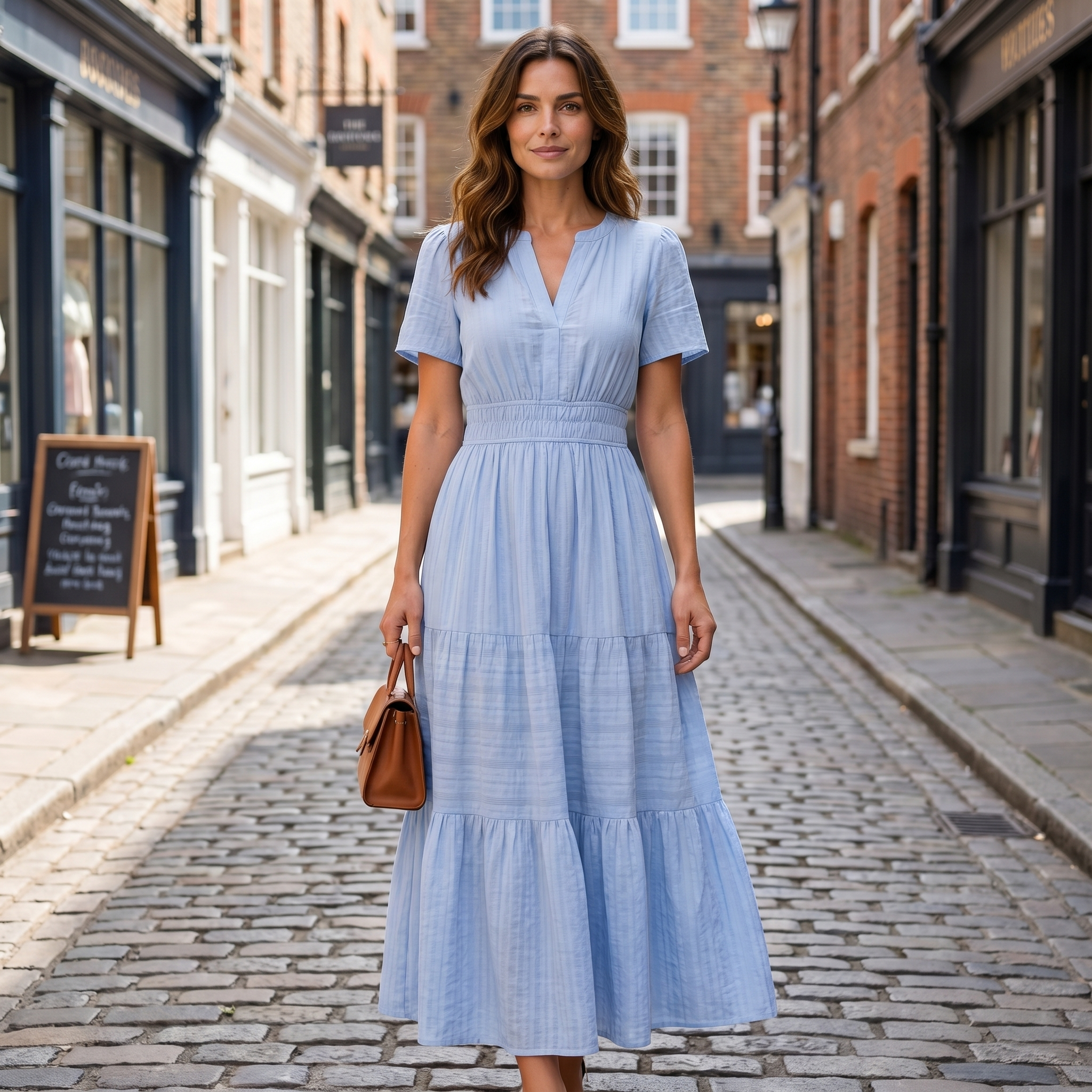 Women's light blue linen blend mini dress with V-neck and casual boho style