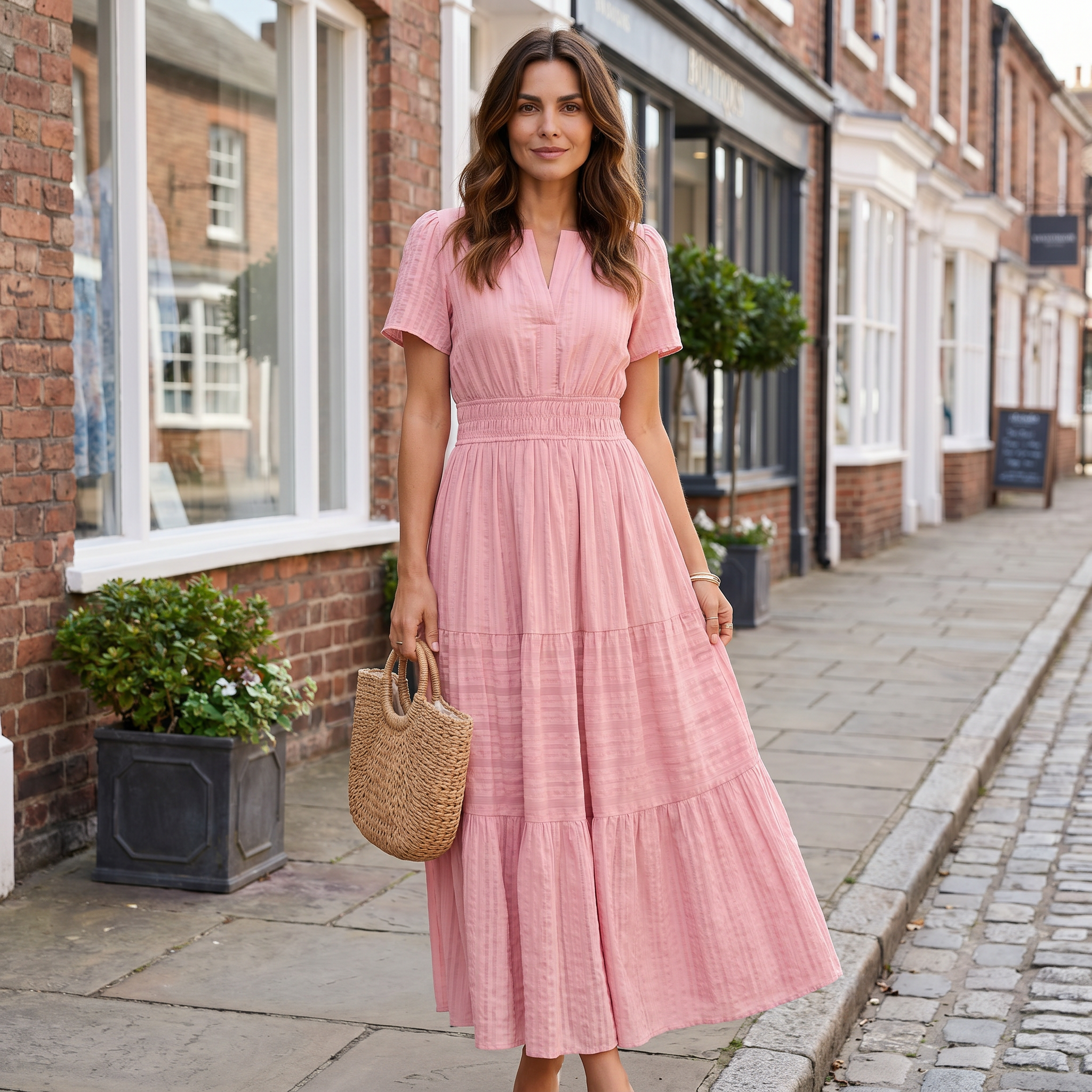 Women's pink linen blend mini dress with V-neck and casual boho style