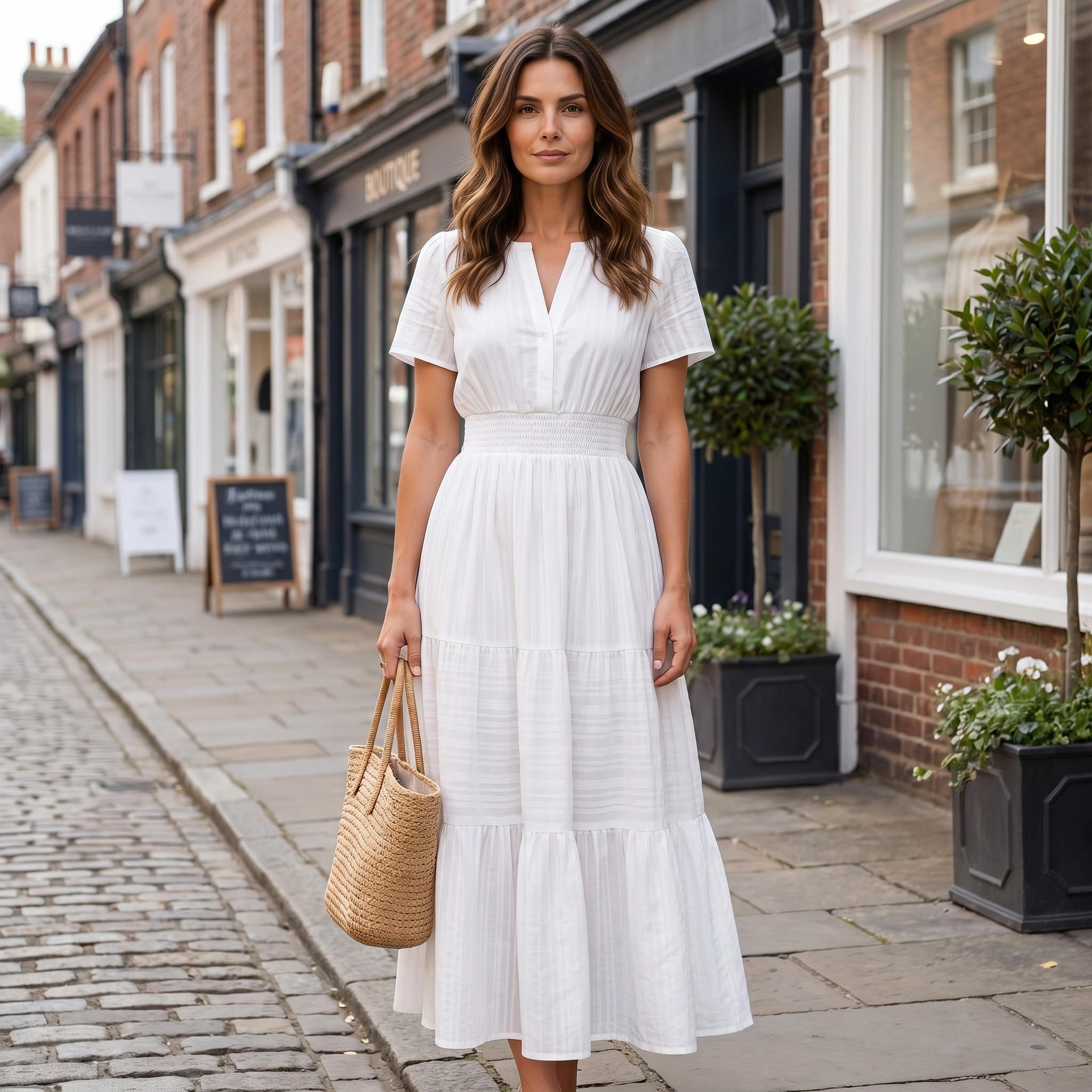 Women's white linen blend boho mini dress with V-neckline and elastic waist