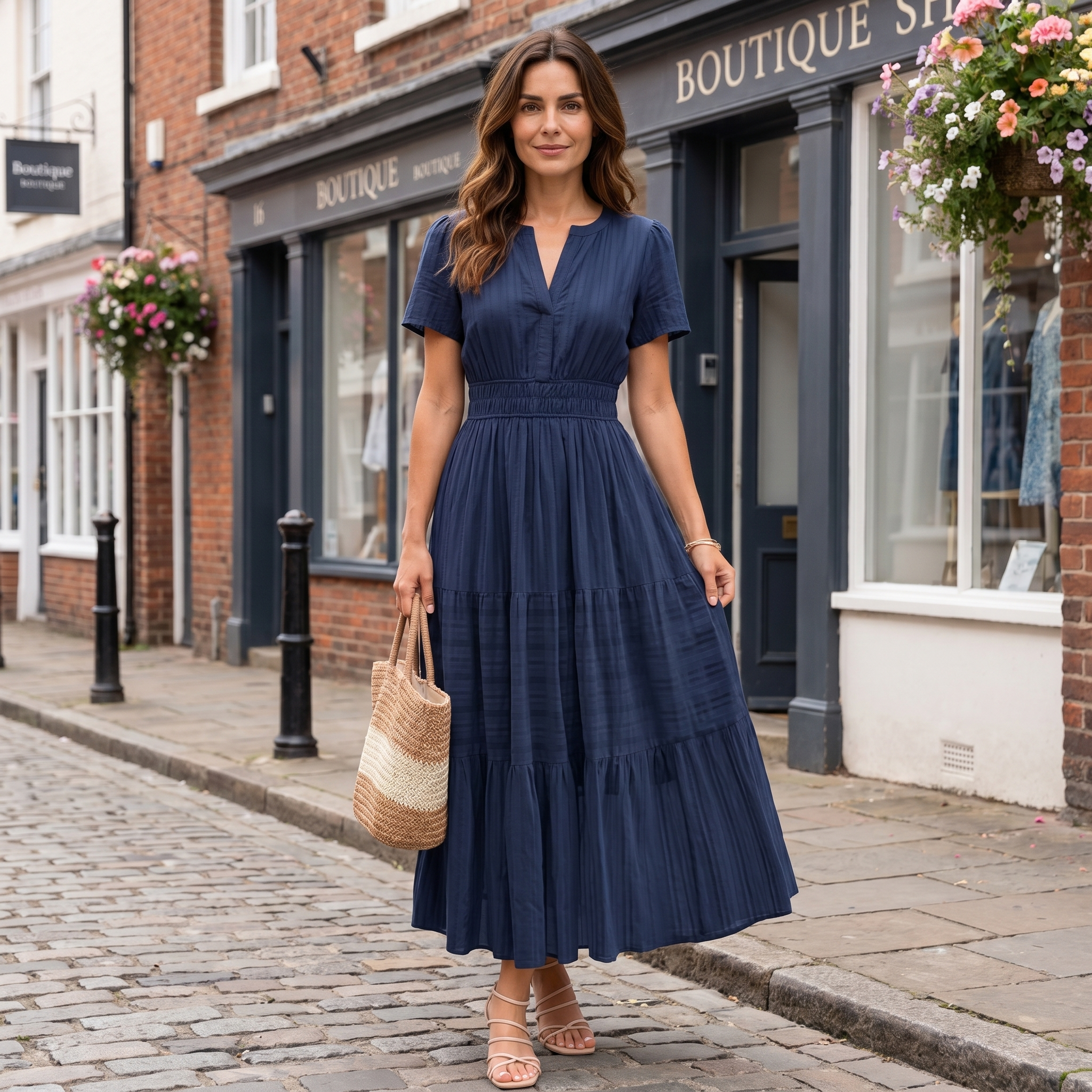 Women's navy blue linen blend mini dress with V-neck and boho silhouette