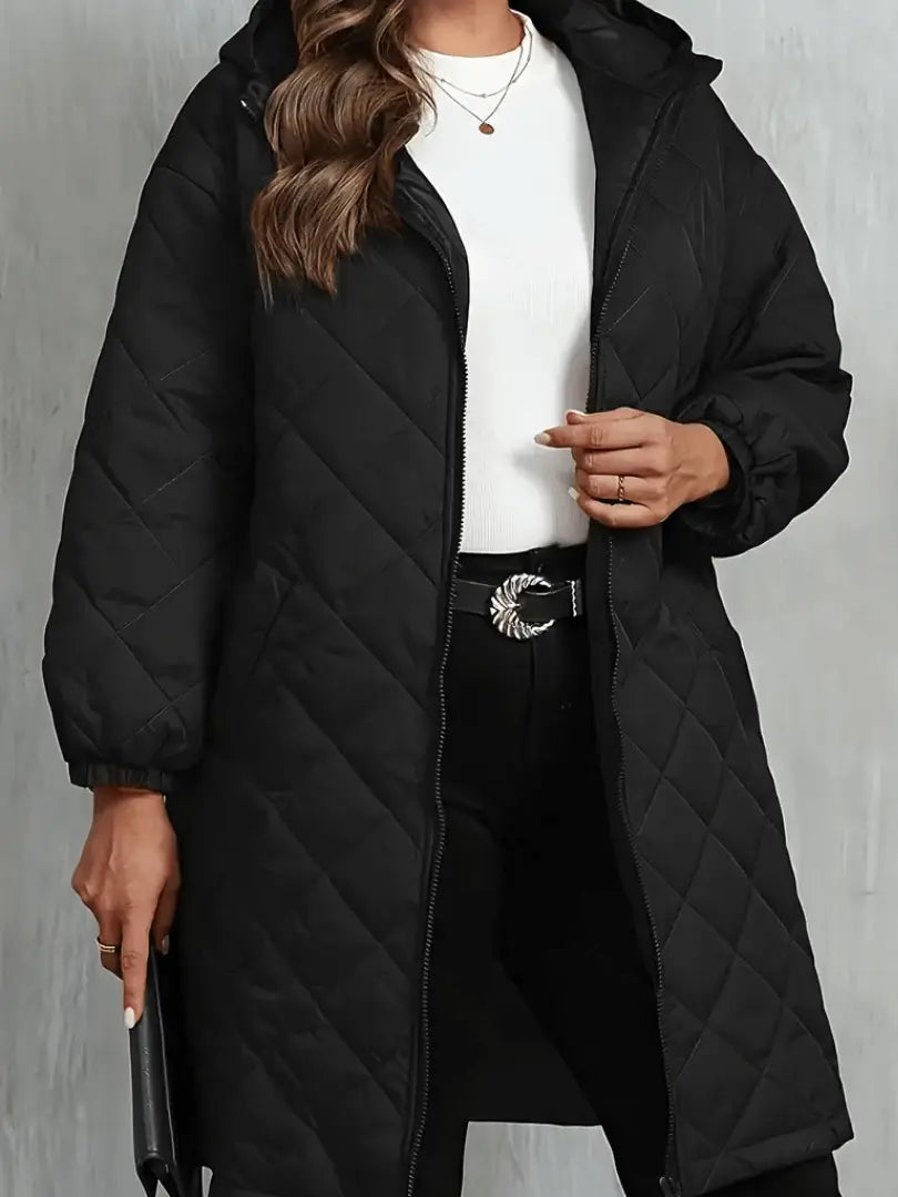 long fit quilted coat with synthetic fill and zip front closure