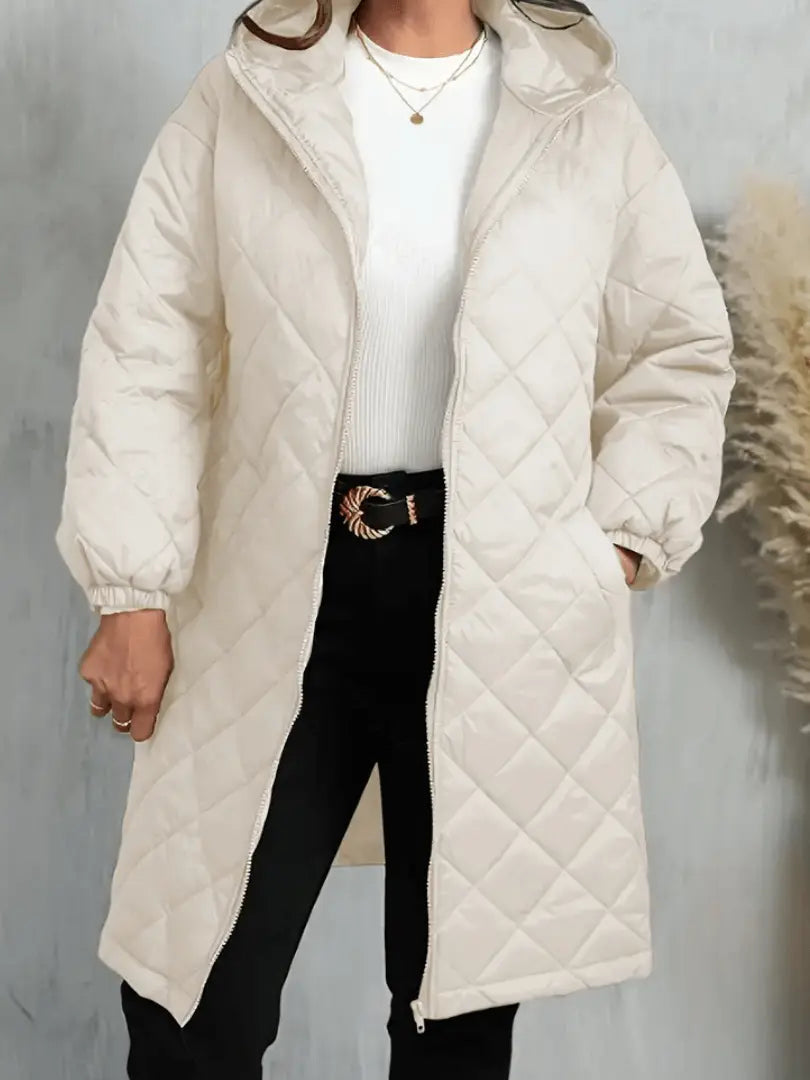 long puffer coat with synthetic insulation and zip pocket details