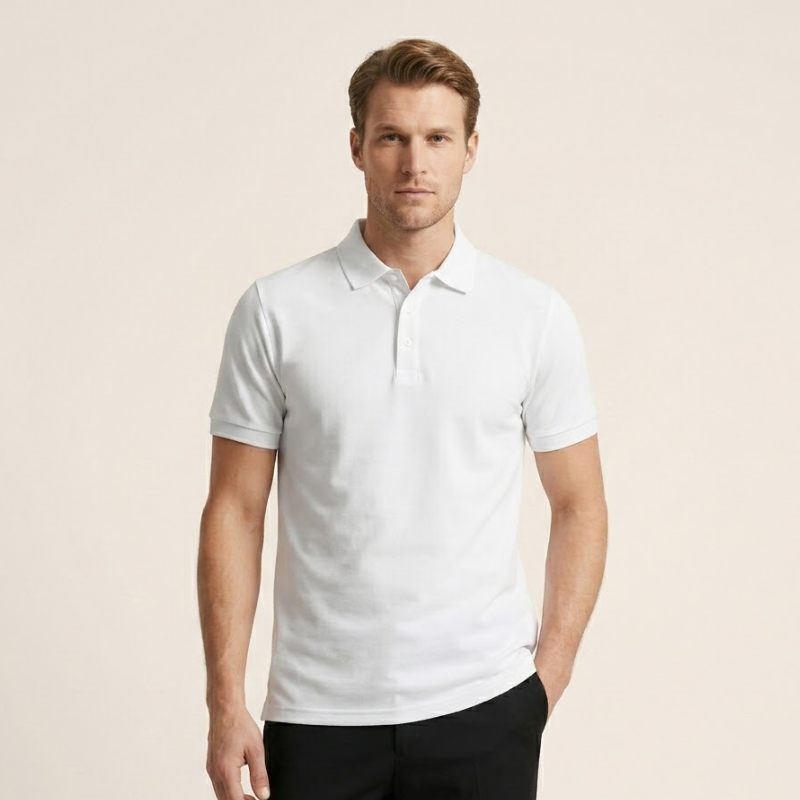Men's classic short sleeve polo shirt shown from the front with a structured collar and button placket