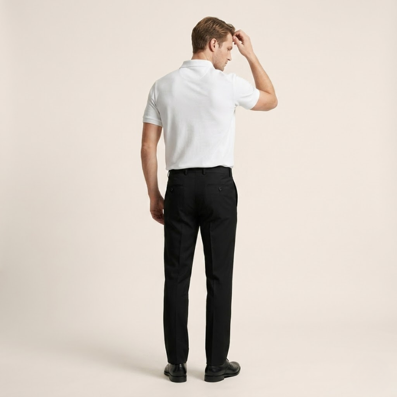 Back view highlighting the clean shoulder construction and straight hem of the polo shirt