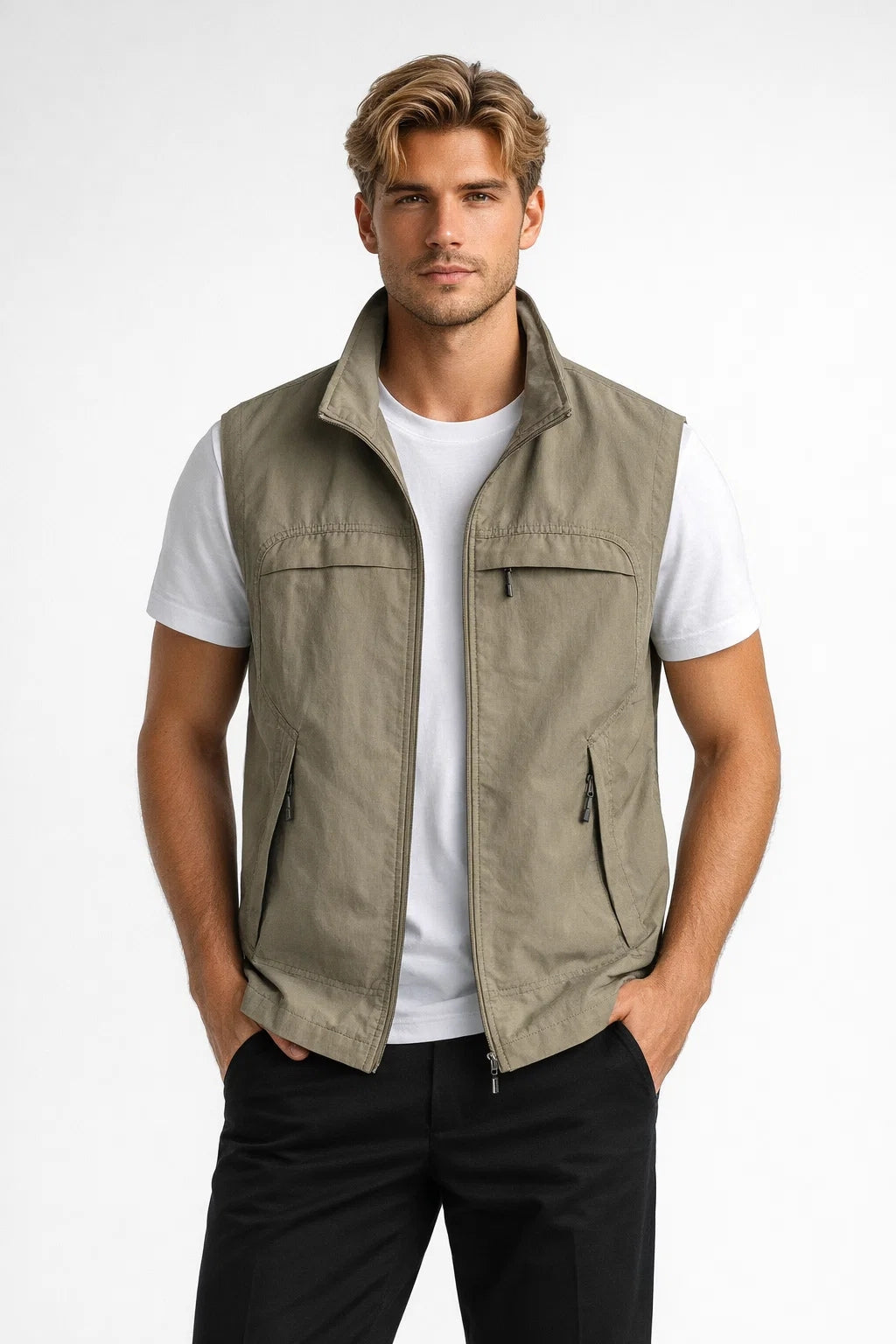 Men's utility zip vest with stand collar for casual wear