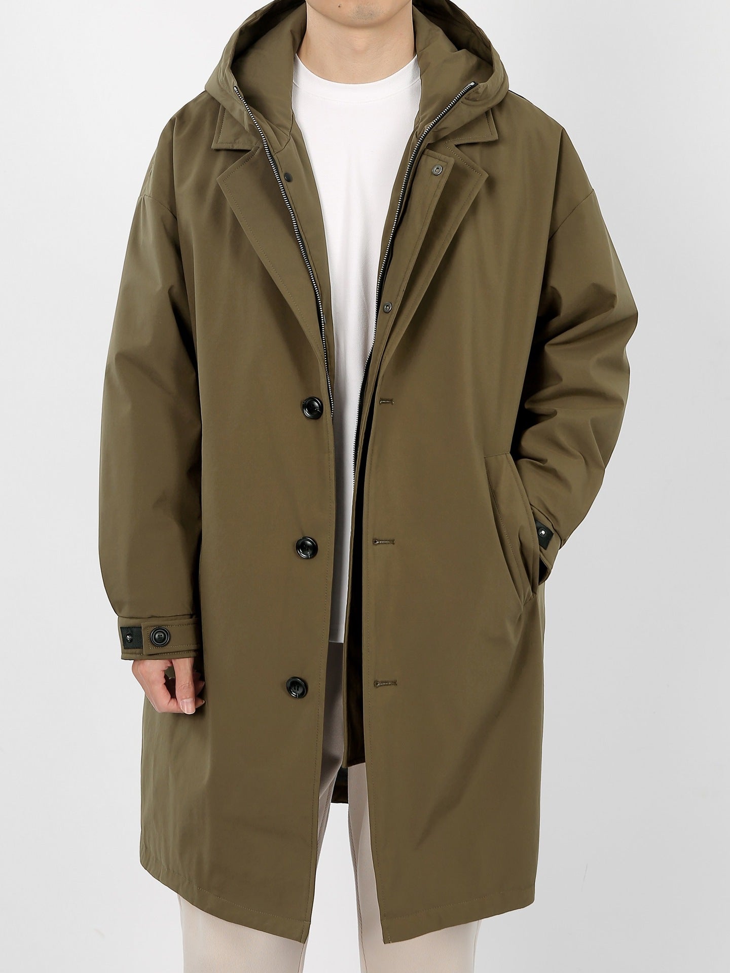 Hooded long coat with front pockets relaxed fit menswear