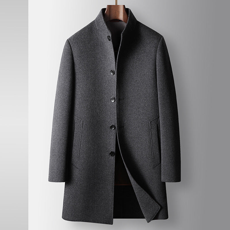 Wool long coat with button front and high collar for men