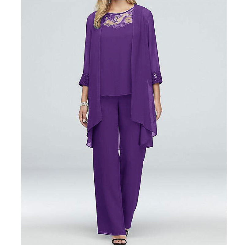 Women's three-piece woven suit with wide-leg trousers