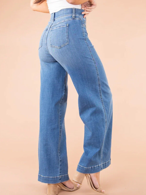 Cotton denim jeans with flared leg and high waist for women