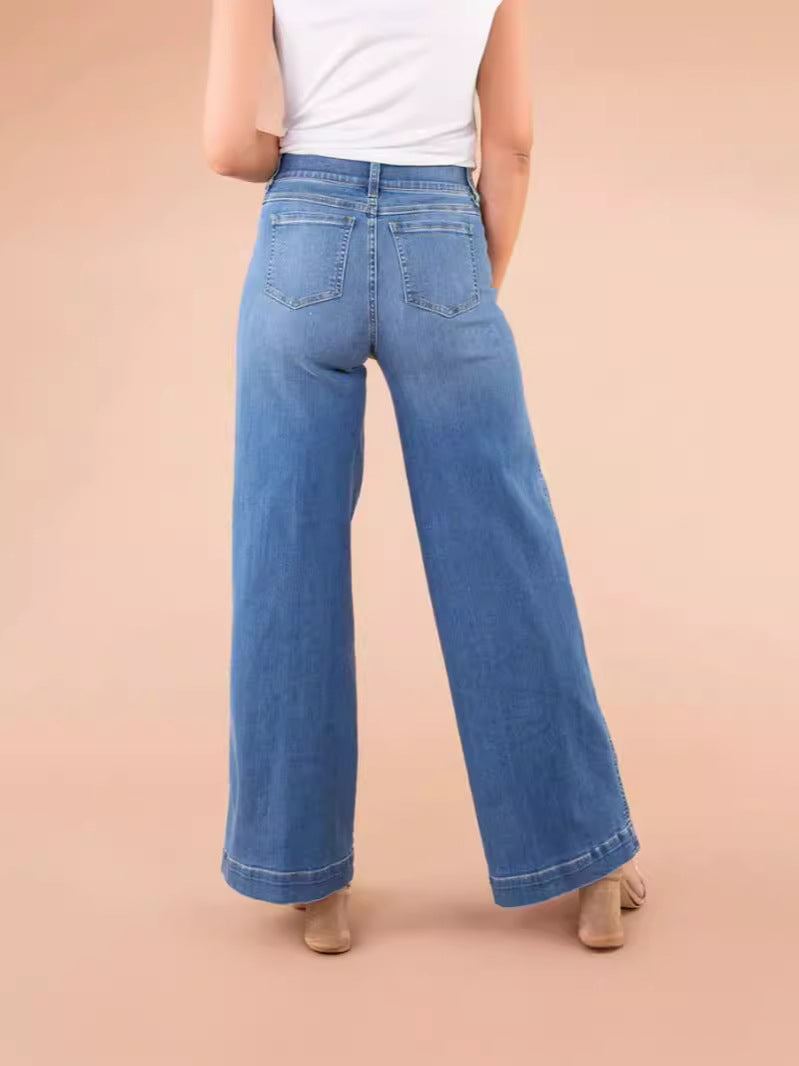 Wide leg denim trousers with high waisted design for women
